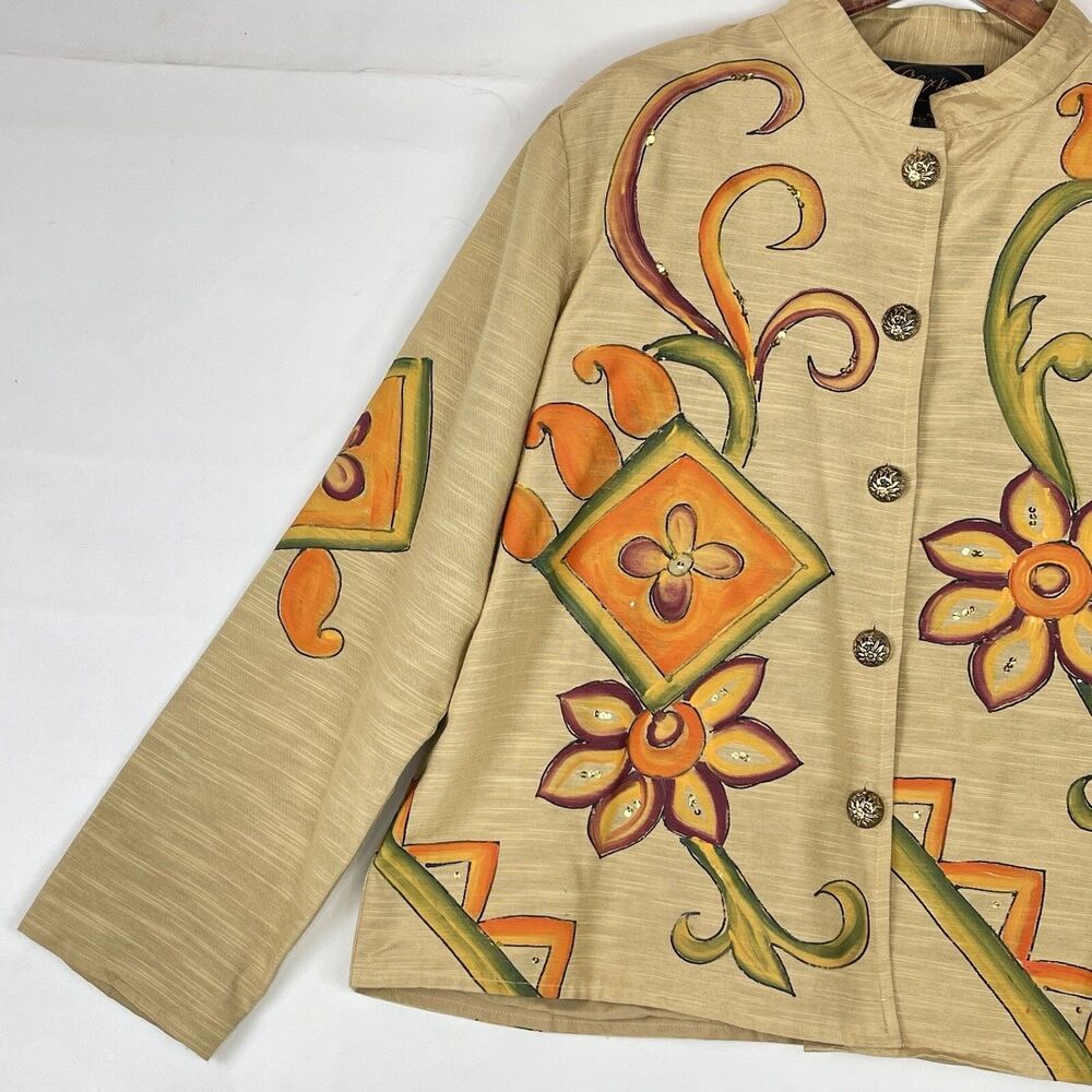 Vintage Alex Kim Women’s Size LP Jacket Yellow Floral Sequined Buttons Closure - Picture 10 of 16